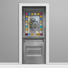 Decorative door with stained glass panel and intricate design on a gray background