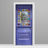 Decorative purple door with stained glass window on a gray background