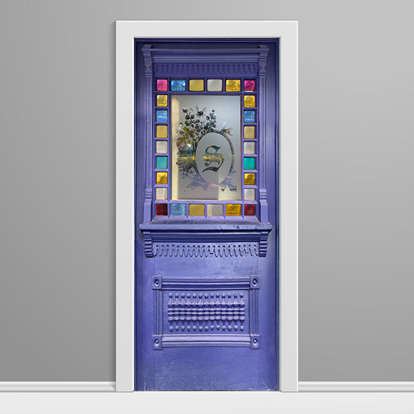 Decorative purple door with stained glass window on a gray background