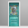 Decorative turquoise door with stained glass design on a gray background