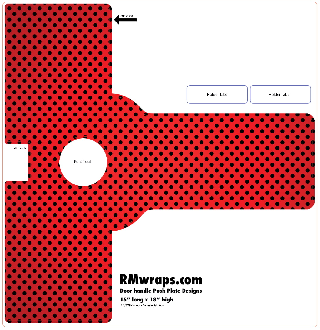 Red and black polka dot door handle push plate design with RMwraps.com branding.