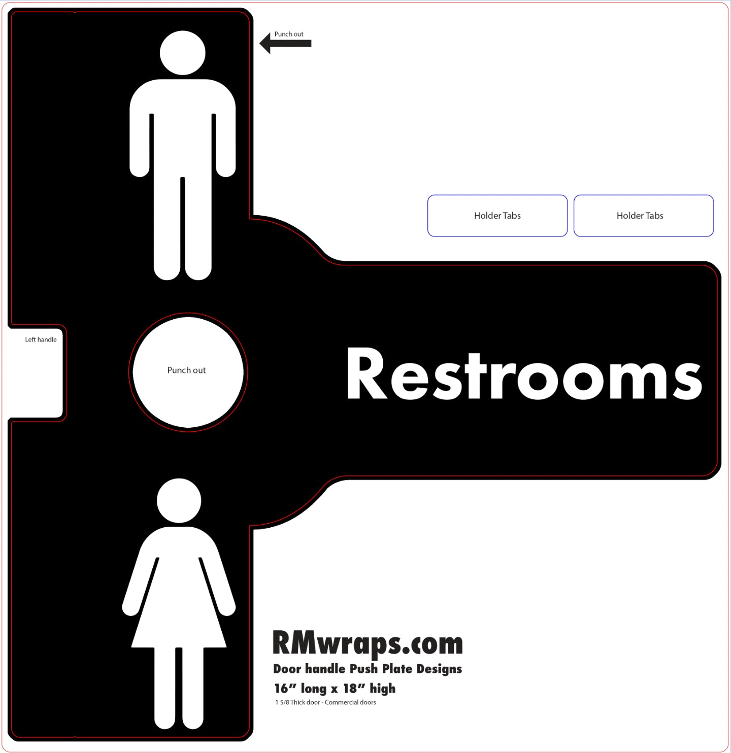 Restrooms sign with gender symbols and text 'RMwraps.com' on a white background
