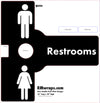Restrooms sign with gender symbols and text 'RMwraps.com' on a white background