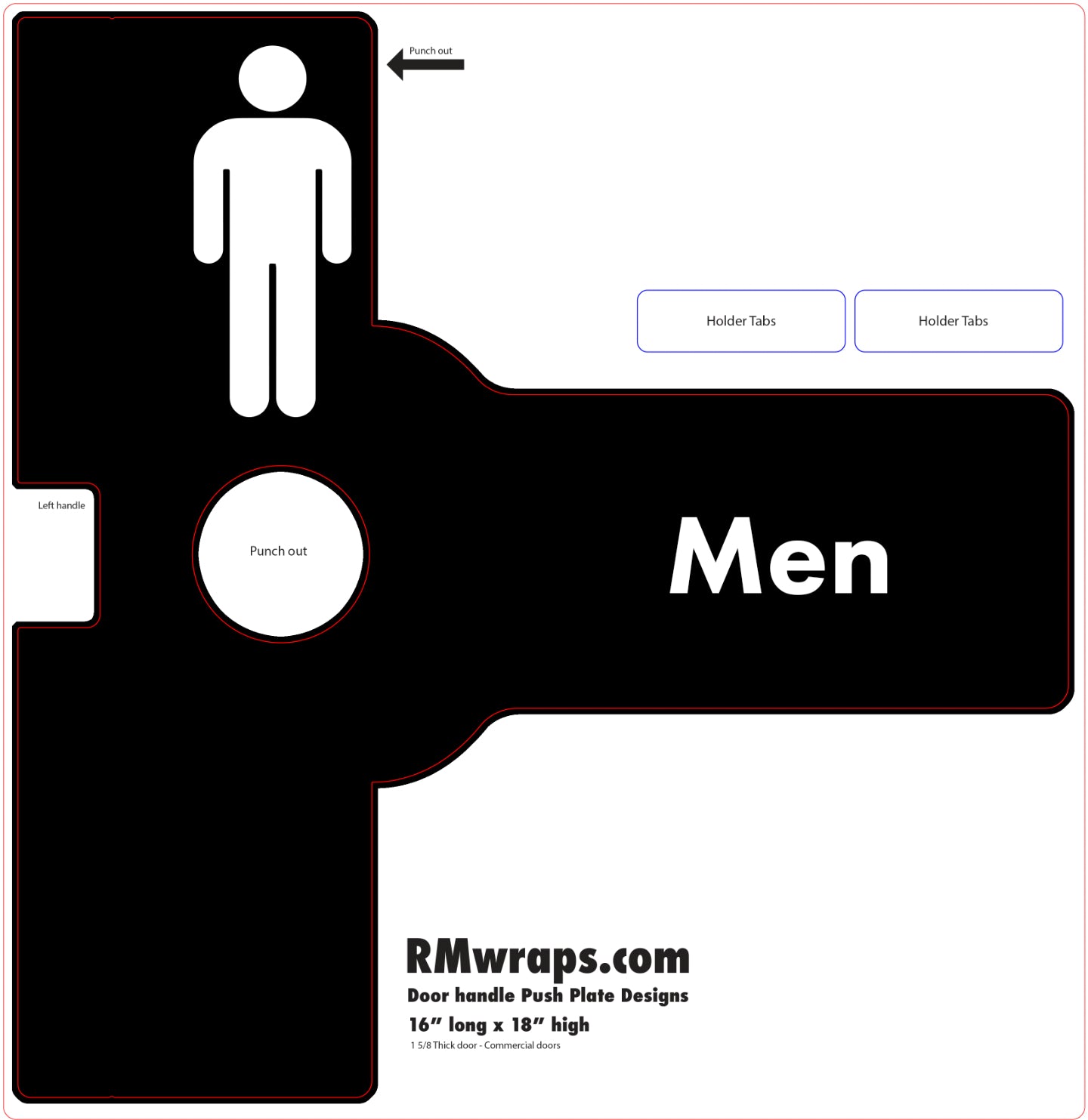 Men's restroom sign with black and white design on a white background