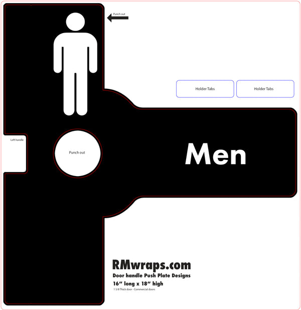 Men's restroom sign with black and white design on a white background
