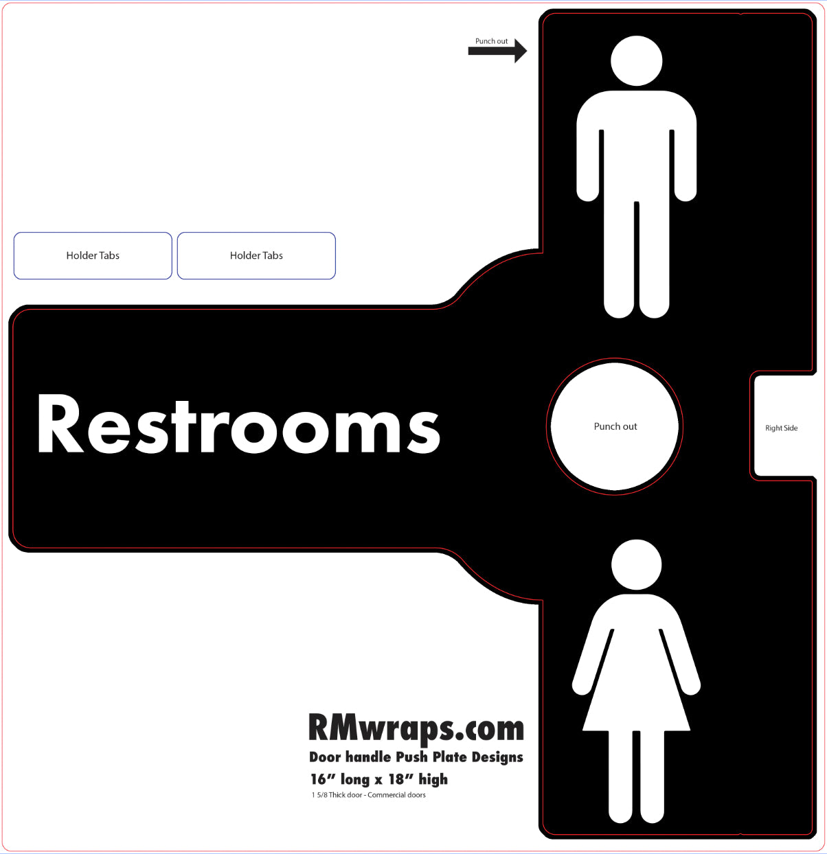 Restrooms directional sign with male and female symbols and 'RMwraps.com' branding.