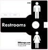 Restrooms directional sign with male and female symbols and 'RMwraps.com' branding.
