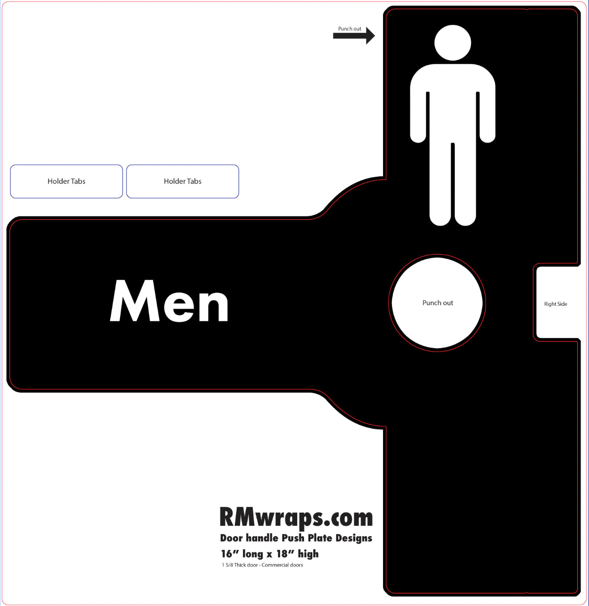 Men's restroom door handle wrap design with black and white color scheme.