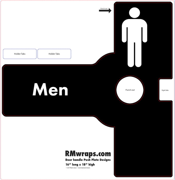 Men's restroom door handle wrap design with black and white color scheme.