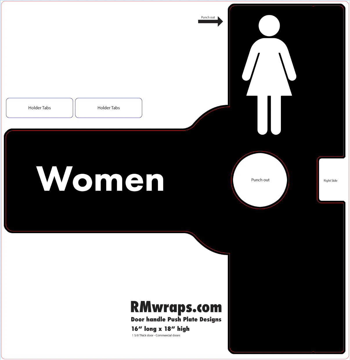 Design template for a women's restroom door handle plate with cutout and text on a white background.