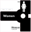 Design template for a women's restroom door handle plate with cutout and text on a white background.