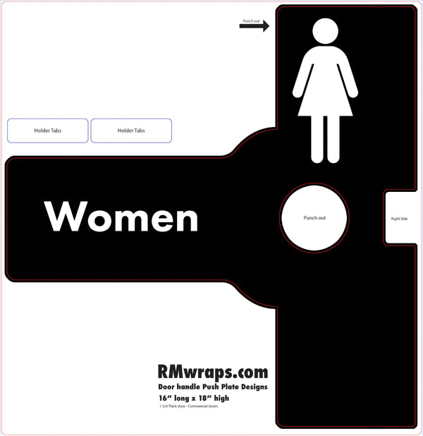 Design template for a women's restroom door handle plate with cutout and text on a white background.