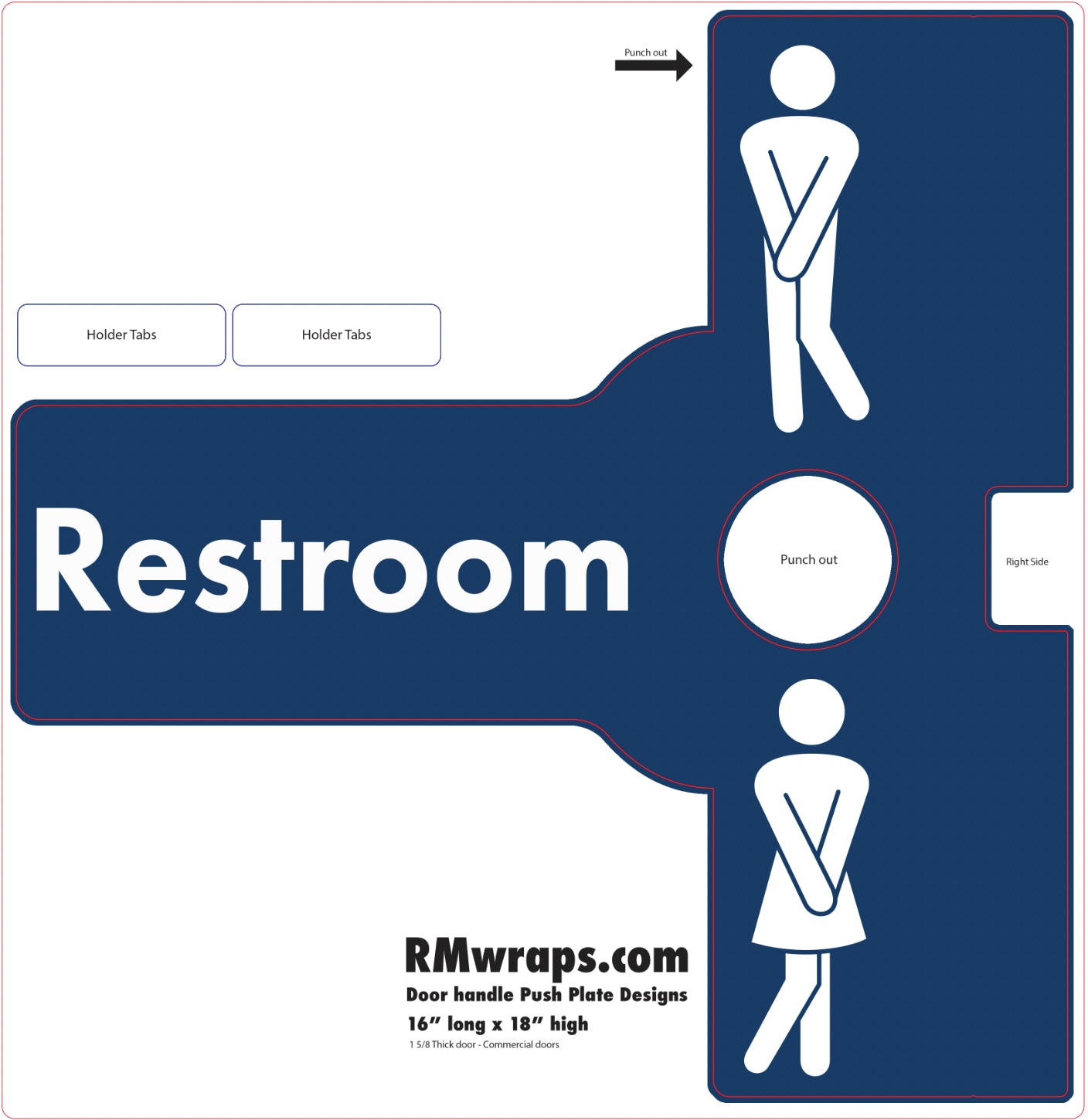 Restroom sign with male and female symbols on a blue background, featuring RMwraps.com branding.