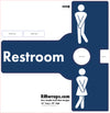 Restroom sign with male and female symbols on a blue background, featuring RMwraps.com branding.