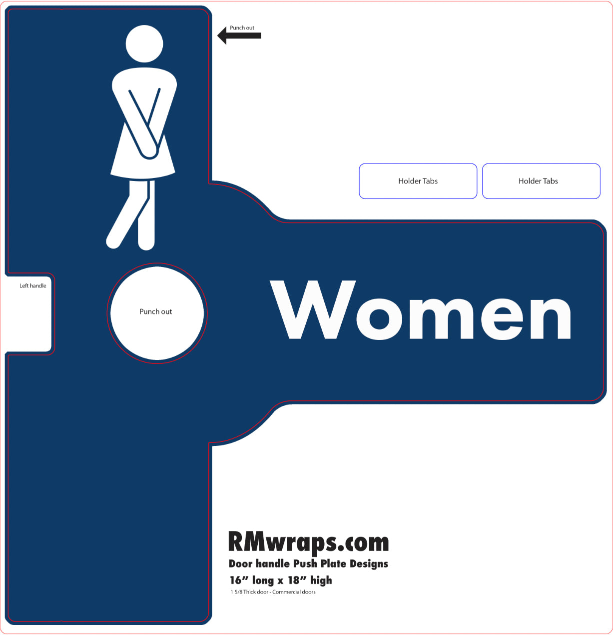 Restroom door wrap for women with blue and white design, featuring a stick figure and 'Women' text.
