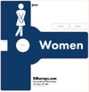 Restroom door wrap for women with blue and white design, featuring a stick figure and 'Women' text.