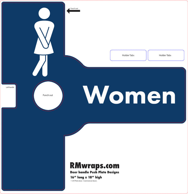Restroom door wrap for women with blue and white design, featuring a stick figure and 'Women' text.
