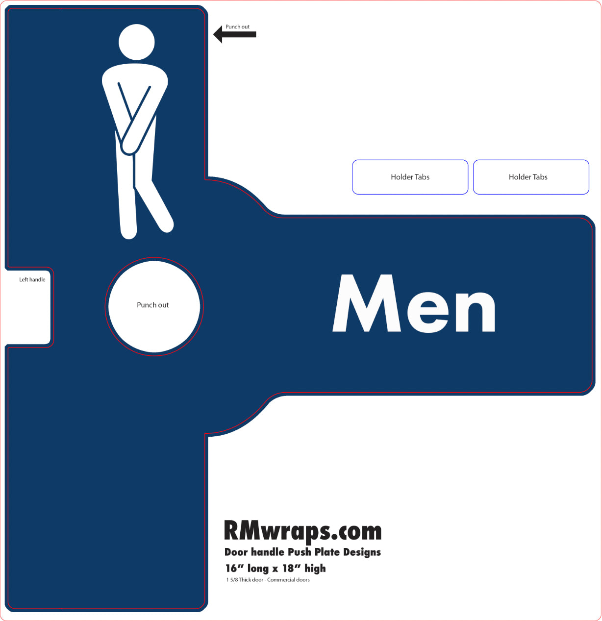 Men's restroom door handle wrap with icon and text on a blue background