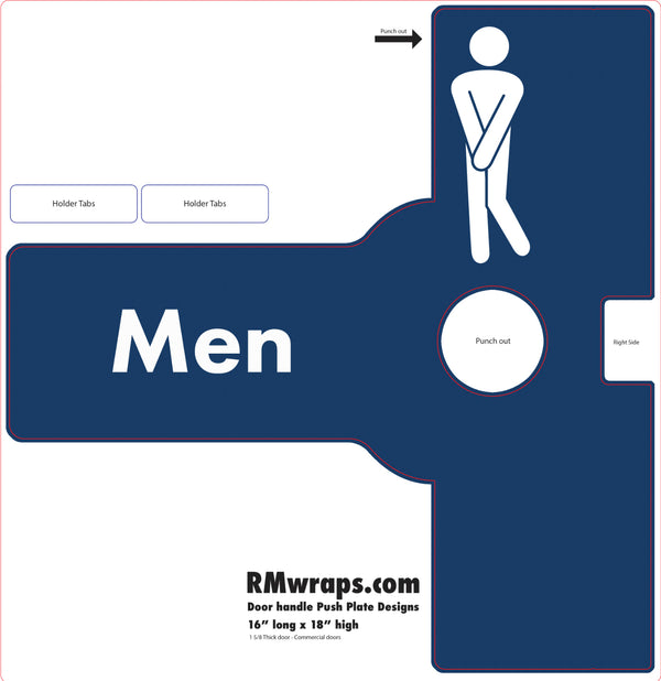 Men's restroom door handle wrap design with icon and text on a blue background