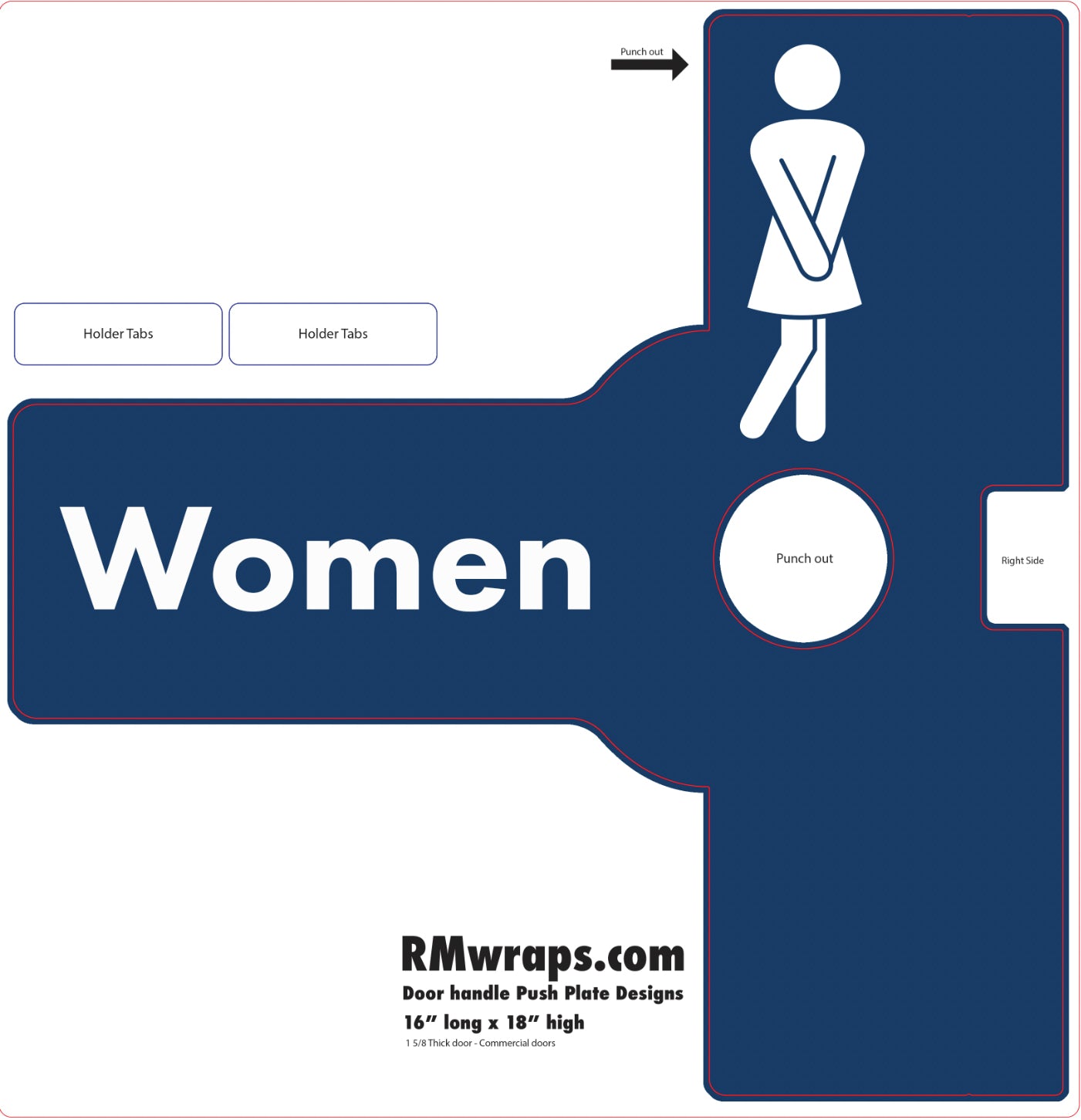 Blue women's restroom sign with white text and icon, featuring RMwraps.com branding.