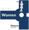 Blue women's restroom sign with white text and icon, featuring RMwraps.com branding.