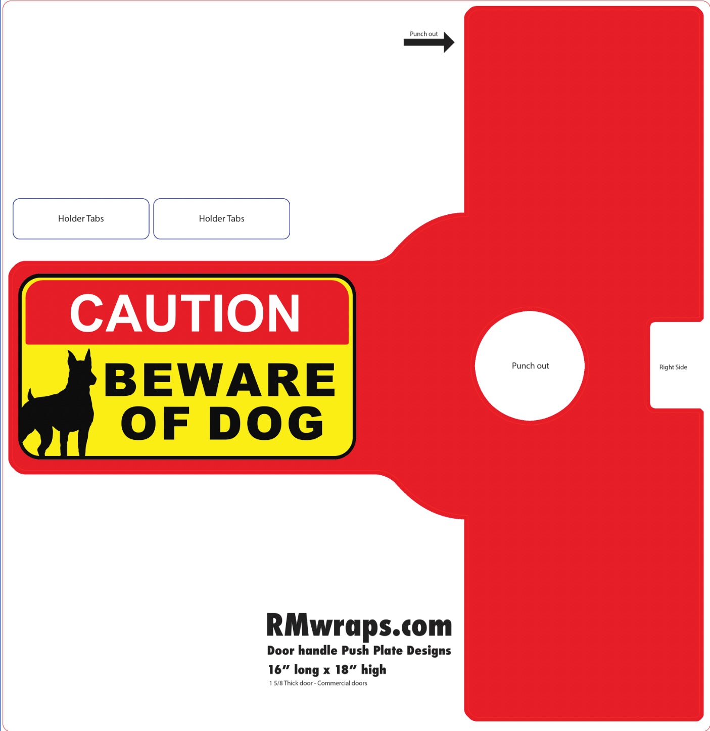 Red die-cut sign template with 'Caution: Beware of Dog' label and RMwraps.com branding.