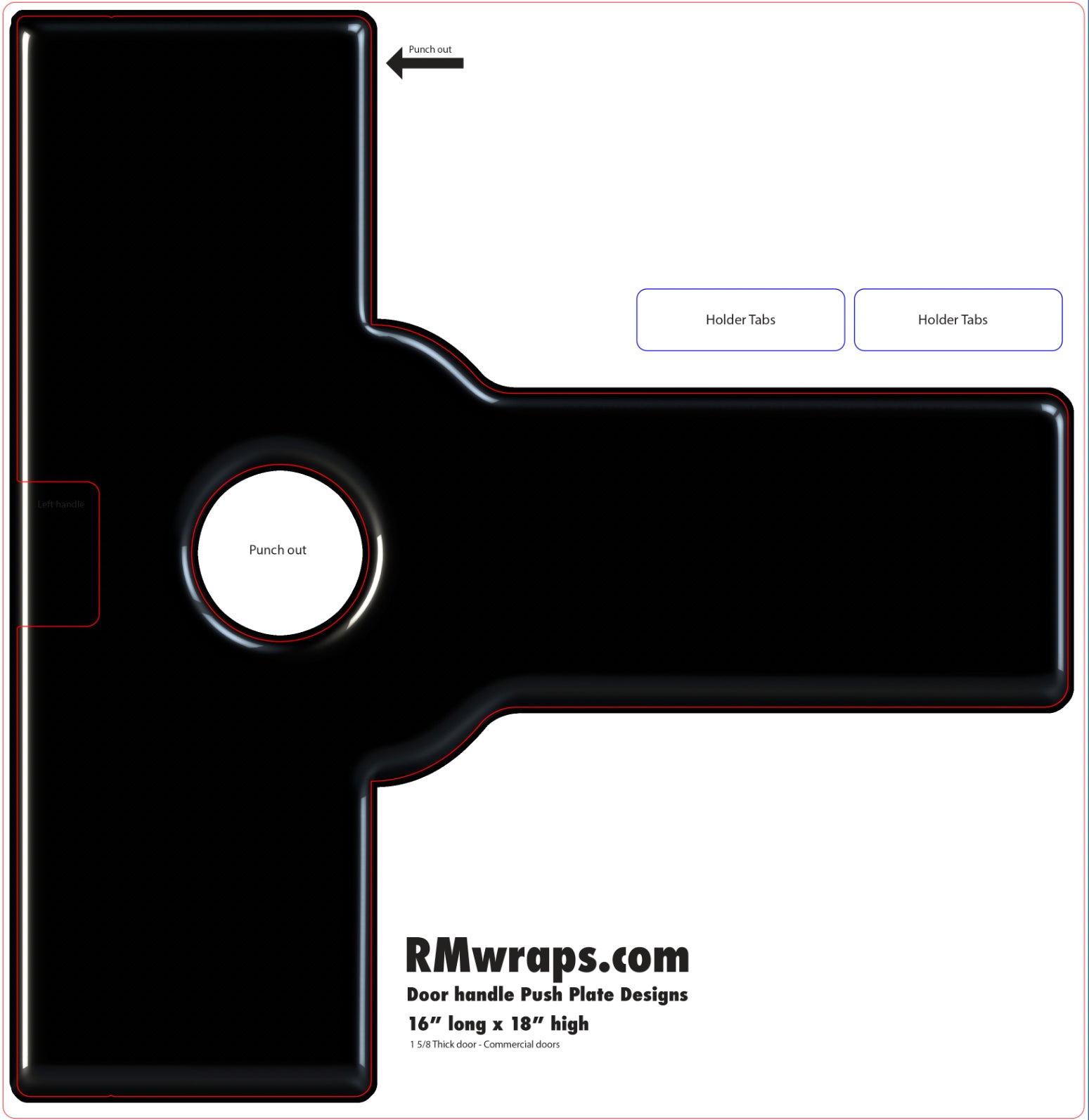 Black die-cut template with labeled parts on a white background, featuring RMwraps.com branding.