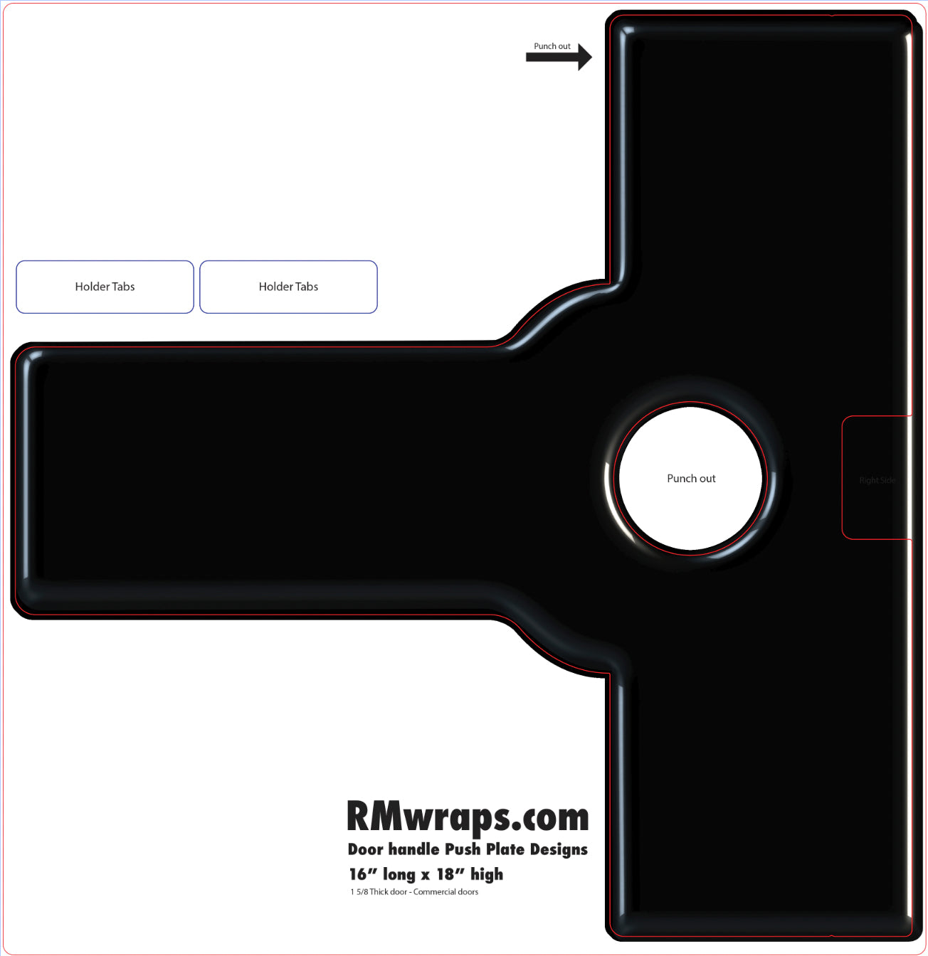 Black die-cut template with punch-out area and 'RMwraps.com' branding on a white background