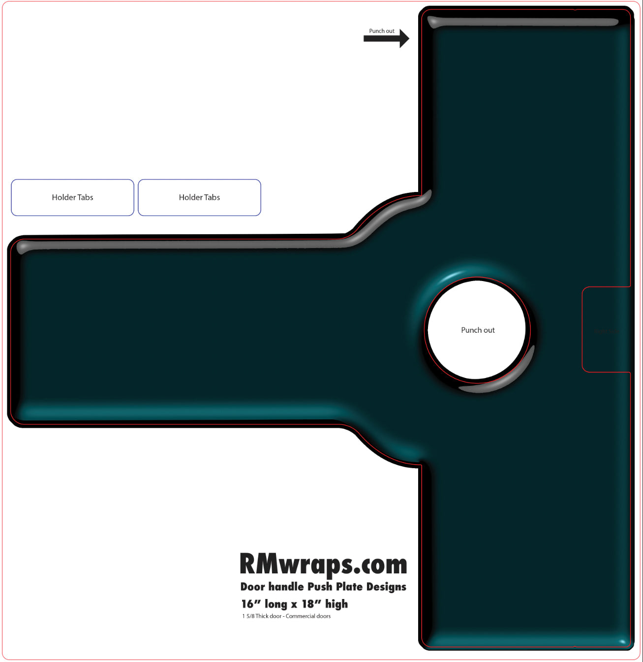Design template for a door handle push plate with 'RMwraps.com' branding.
