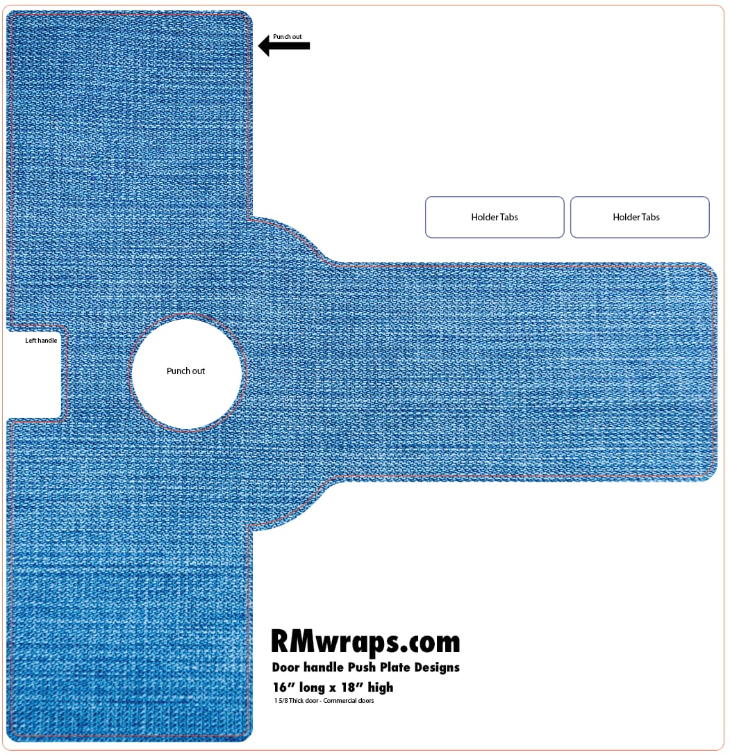 Blue door handle push plate design with labeled parts on a white background, featuring RMwraps.com branding.