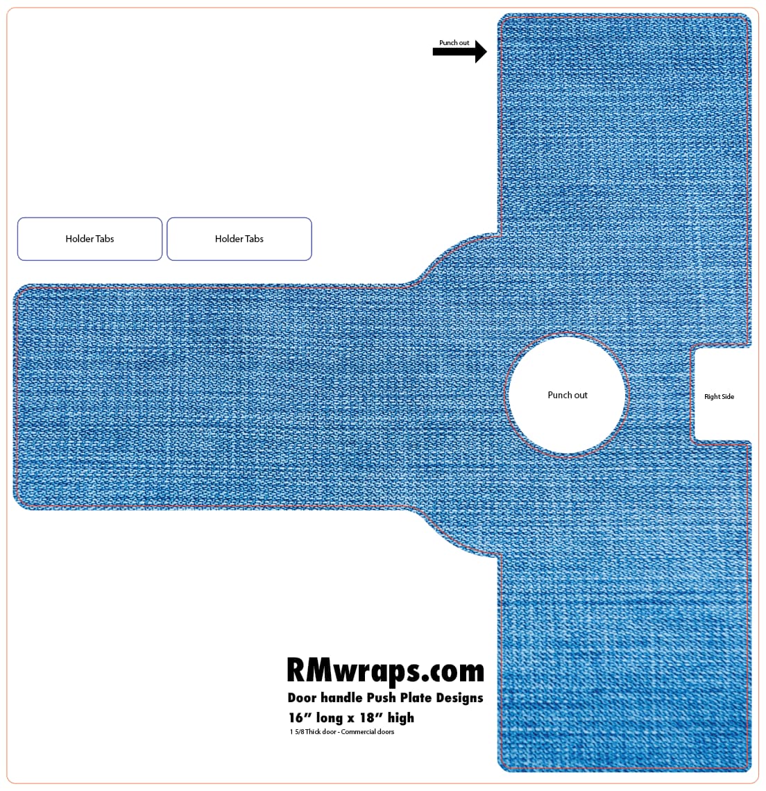 Blue textured push plate design with labeled parts and RMwraps.com branding.
