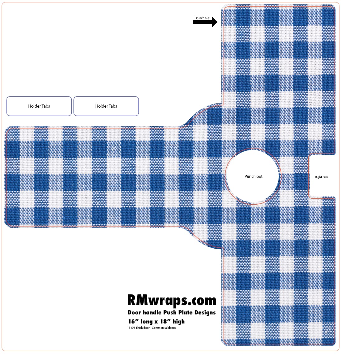 Blue and white checkered door handle push plate design with cut-out instructions on a white background.
