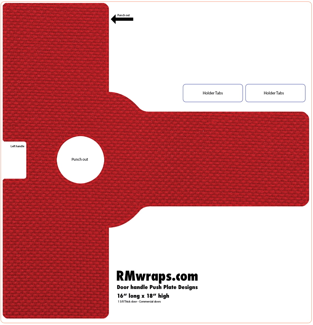 Red door handle push plate design template with text and branding on a white background