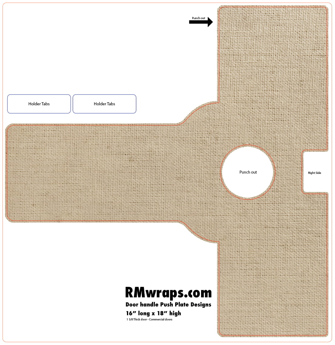 Design template for a door handle push plate with dimensions and RMwraps.com branding.