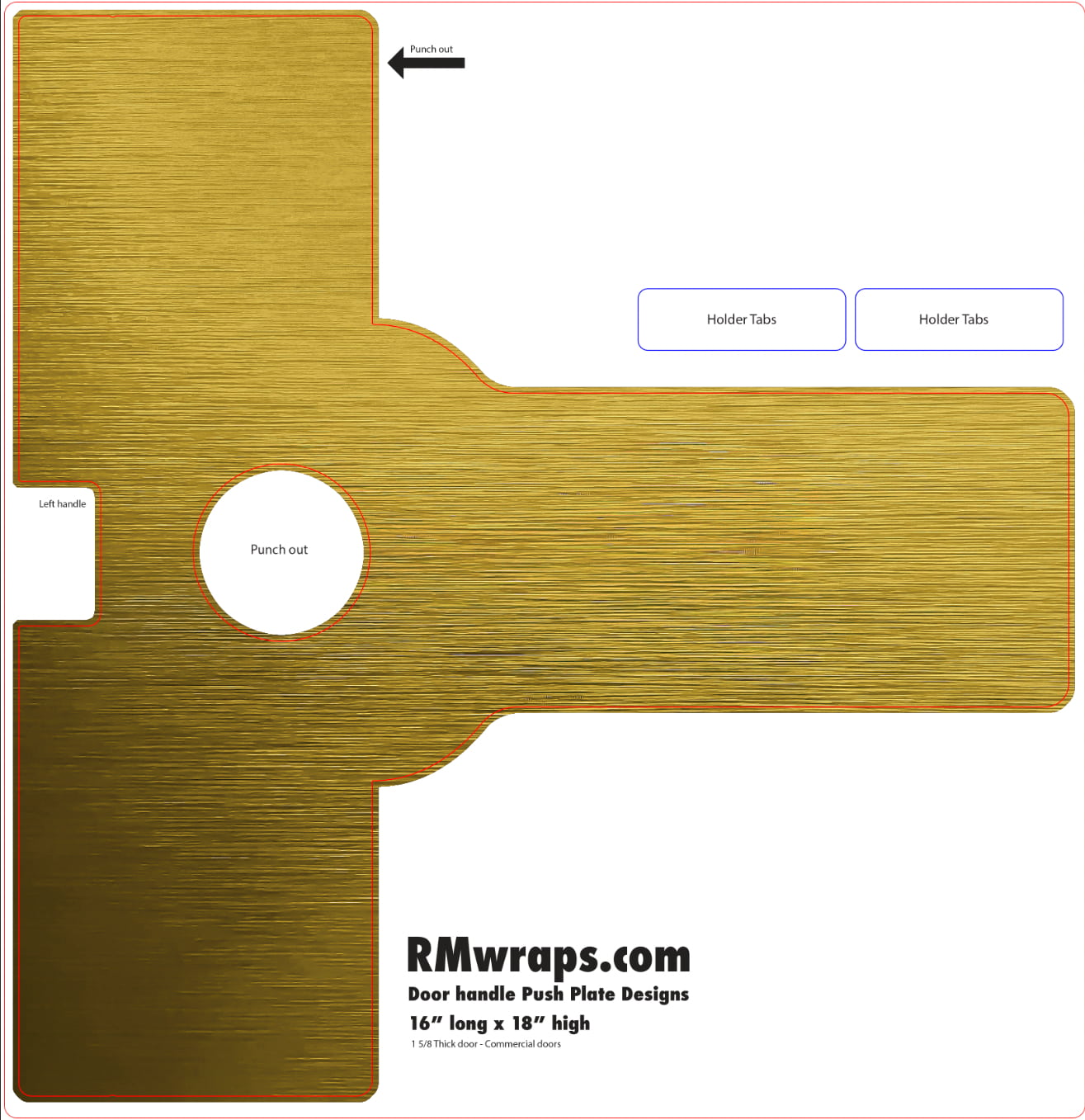 Gold vinyl wrap design template with cutout and holder tabs on a white background, featuring RMwraps.com branding.