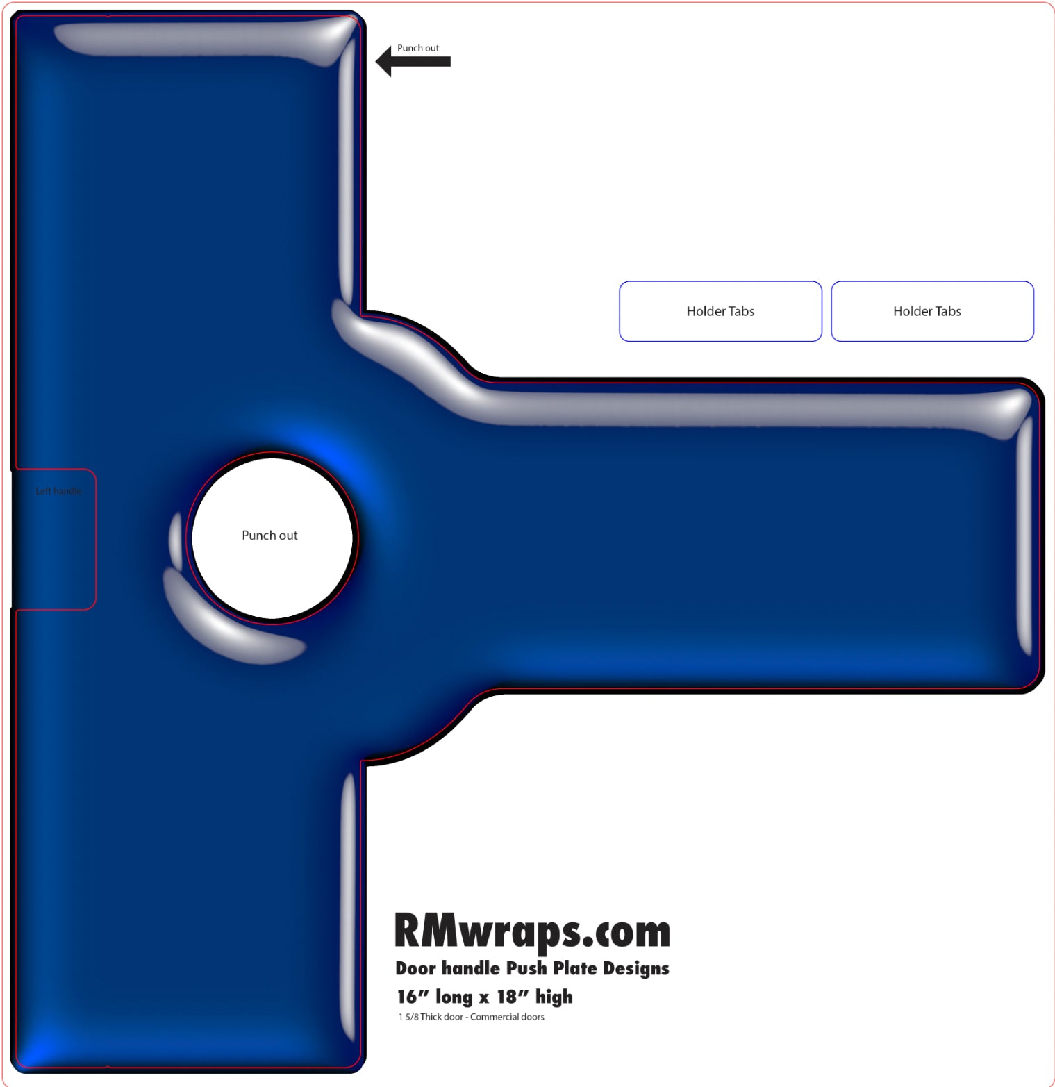 Blue door handle push plate design with text and branding on a white background