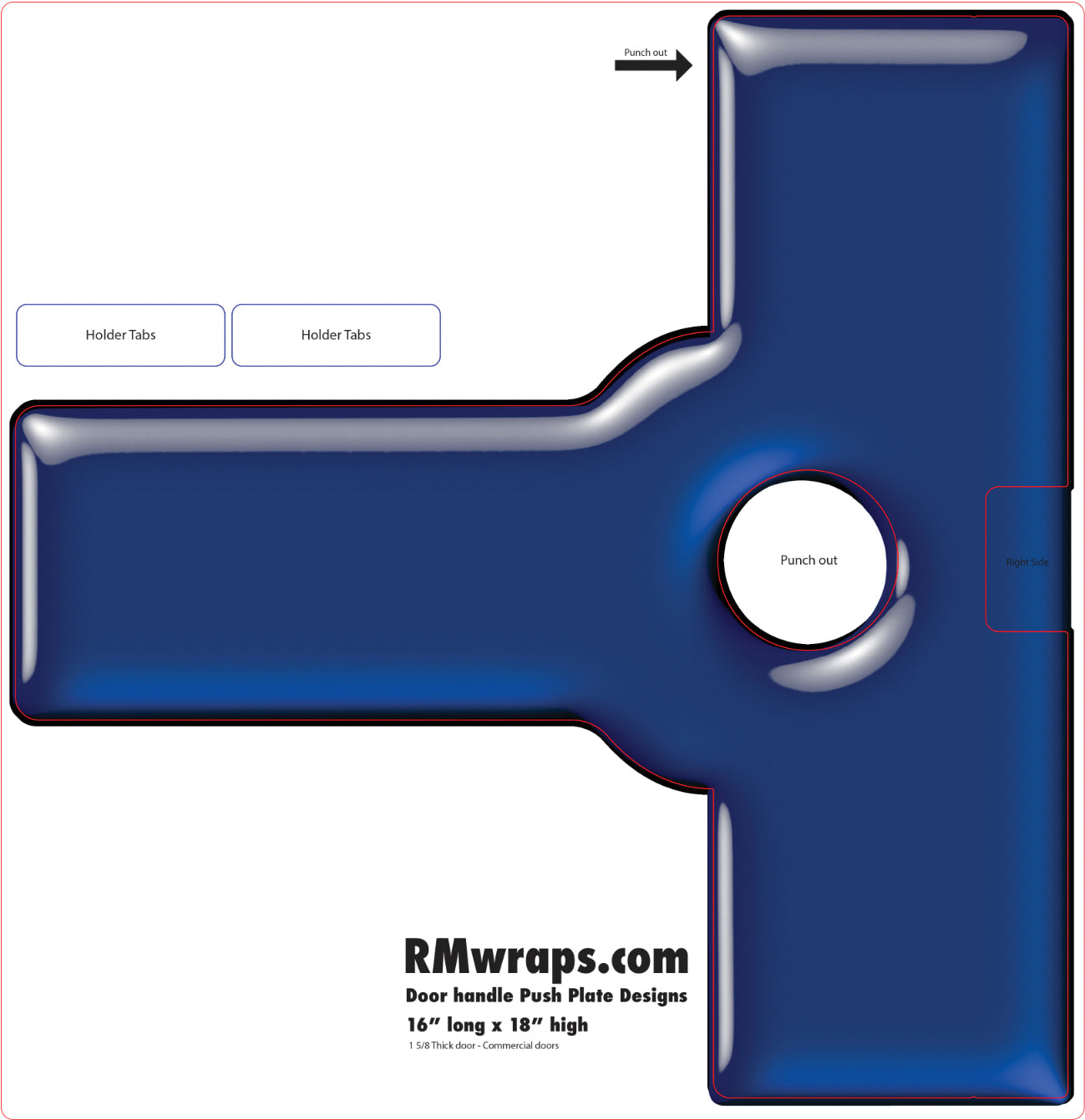 Blue and silver push plate design with 'RMwraps.com' branding on a white background