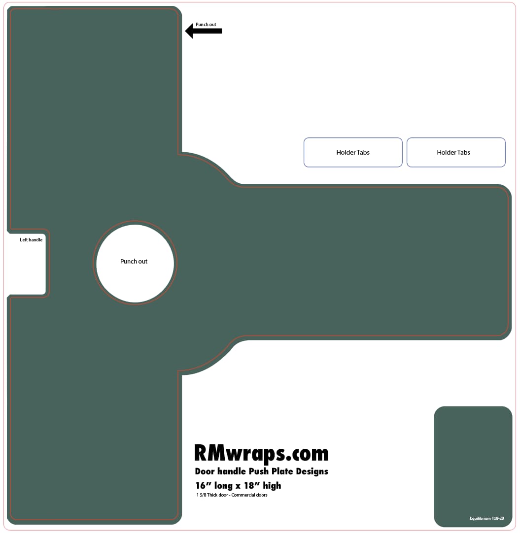 Design template for a door handle push plate with labeled parts on a white background.