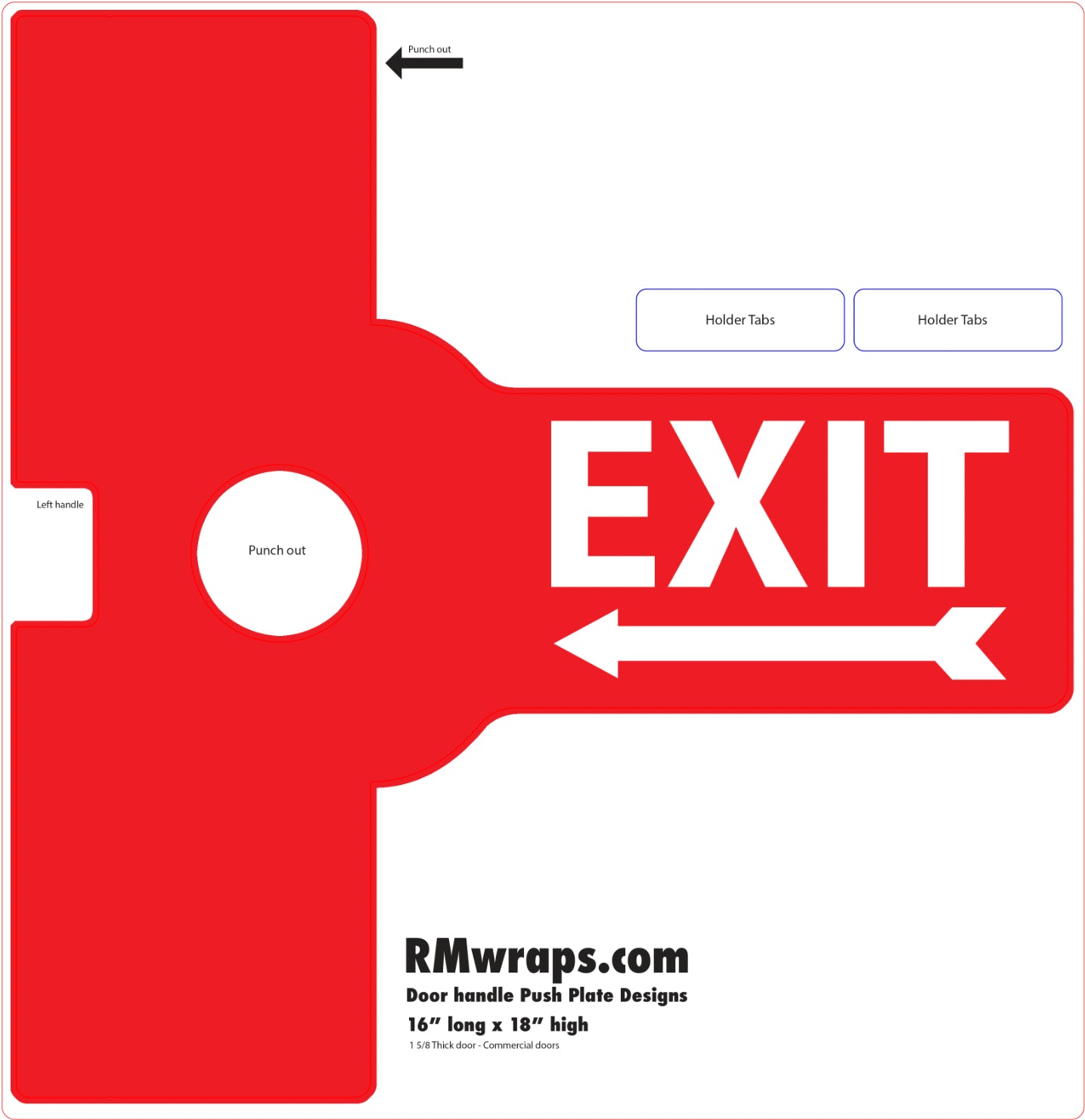 Red exit sign with white text on a white background, featuring 'RMwraps.com' branding.