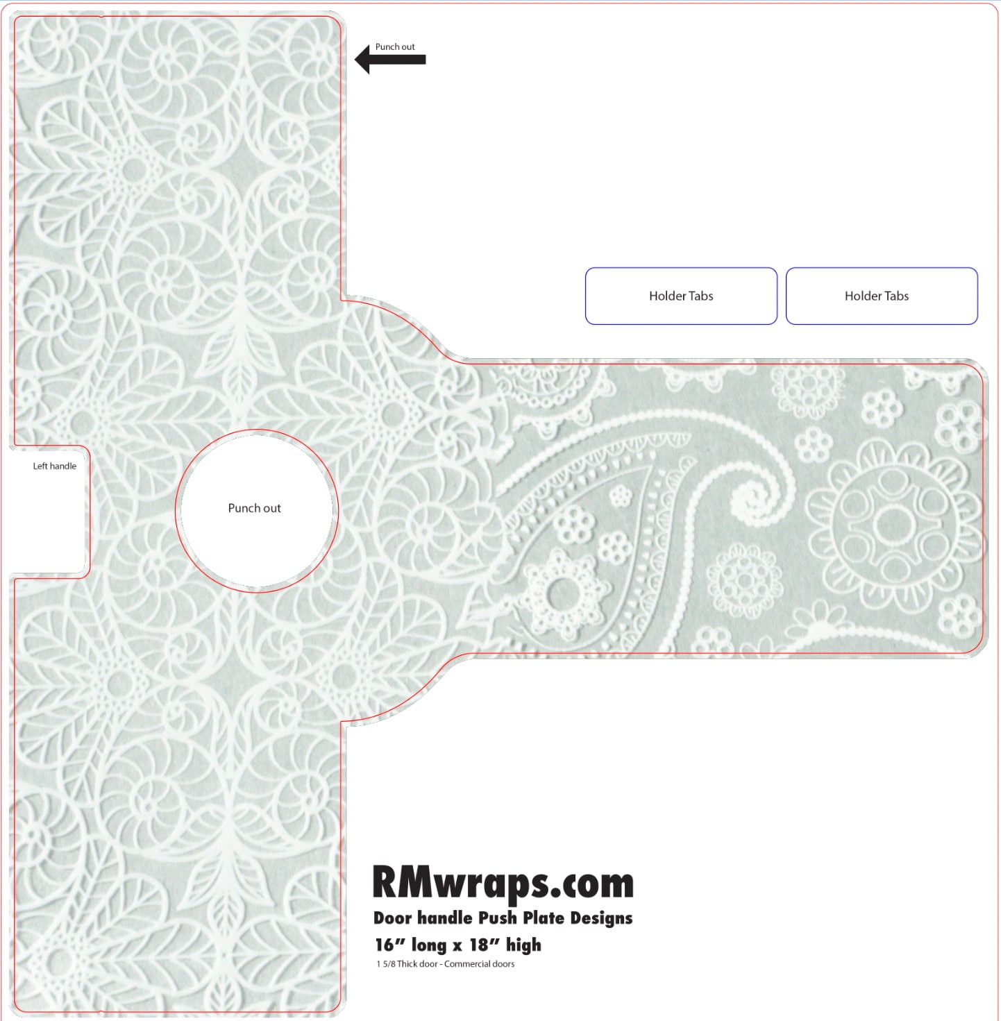 Design template for a door handle push plate with paisley pattern, labeled RMwraps.com.