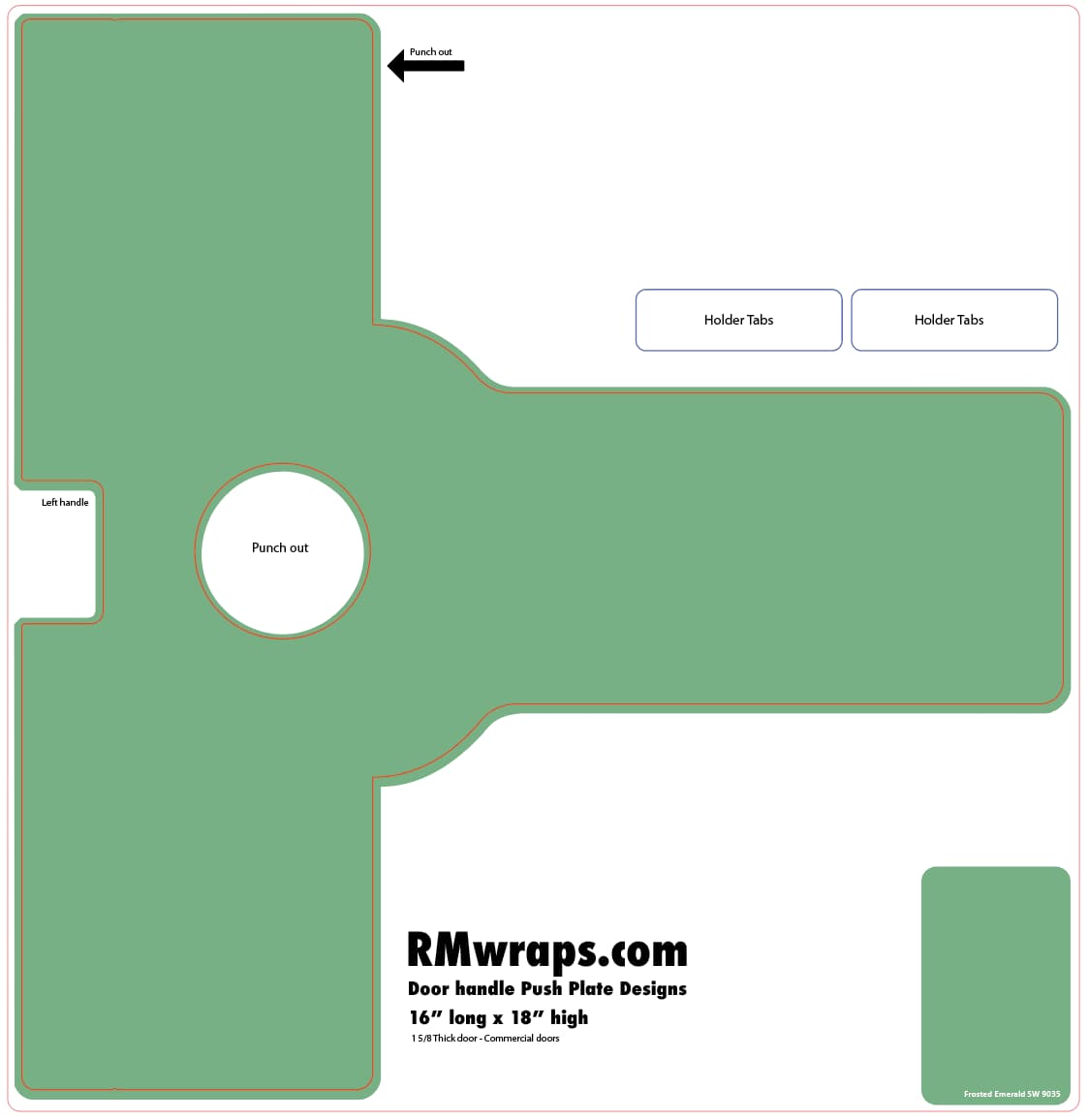 Green door handle push plate design template with text and branding on a white background