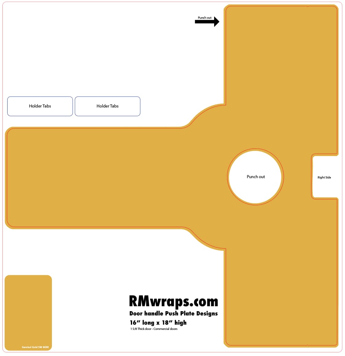 Yellow push plate design with labeled parts and RMwraps.com branding