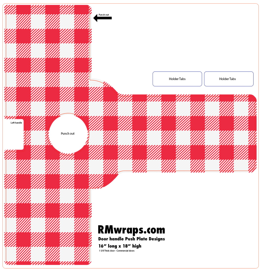 Red and white checkered door handle push plate design with RMwraps.com branding.