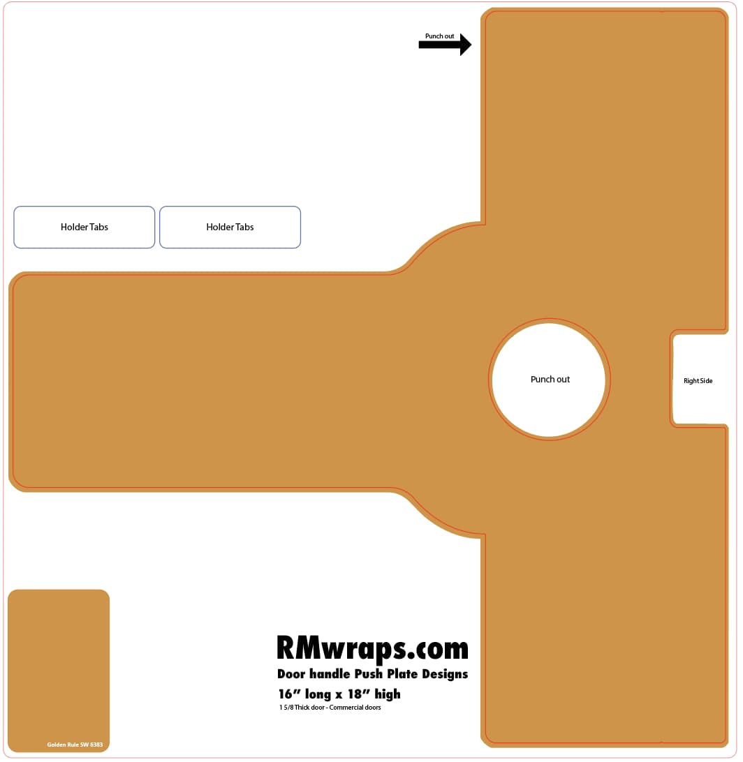 Brown door handle push plate design with labeled parts and RMwraps.com branding.