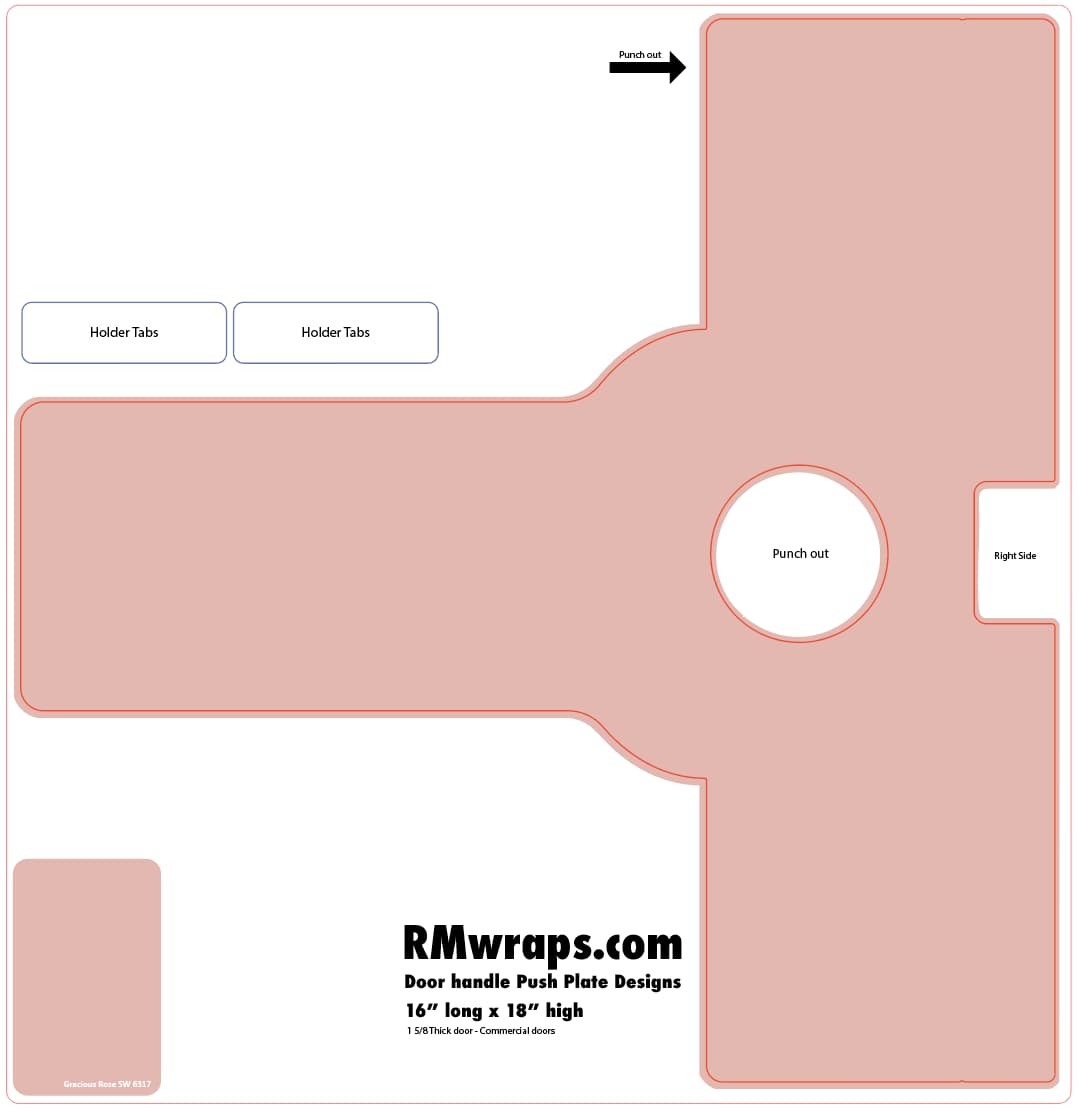 Design template for a door handle push plate with labeled parts and dimensions, branded with RMwraps.com.