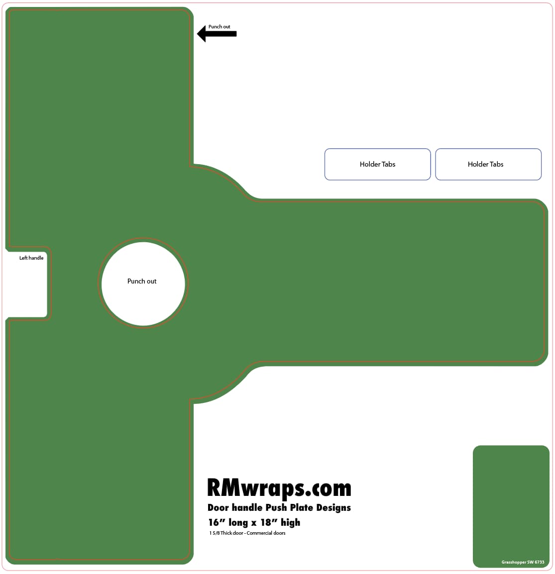 Green door handle push plate design template with labeled parts on a white background, featuring RMwraps.com branding.