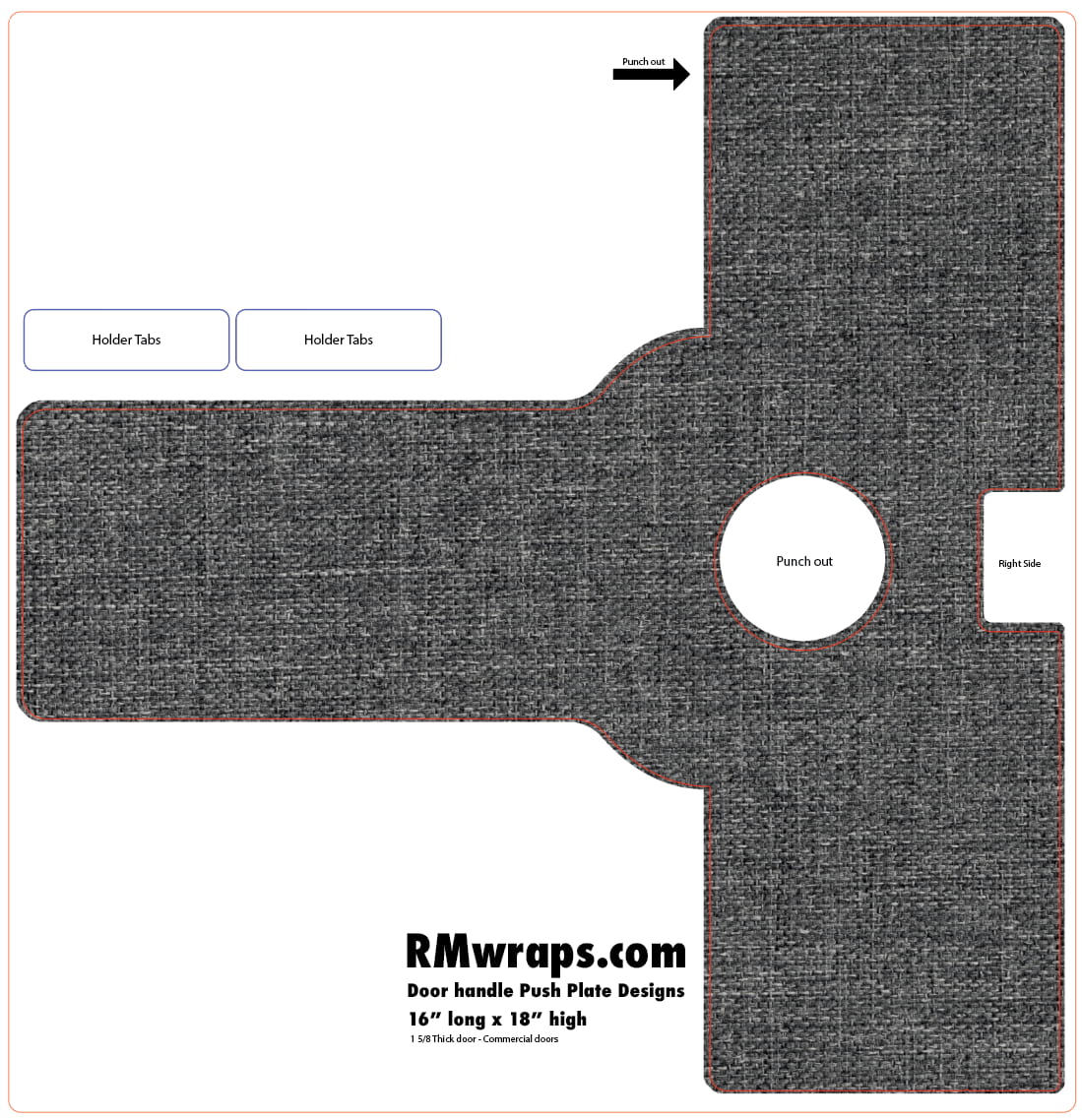 Design template for a door handle push plate with labeled parts and dimensions, featuring RMwraps.com branding.