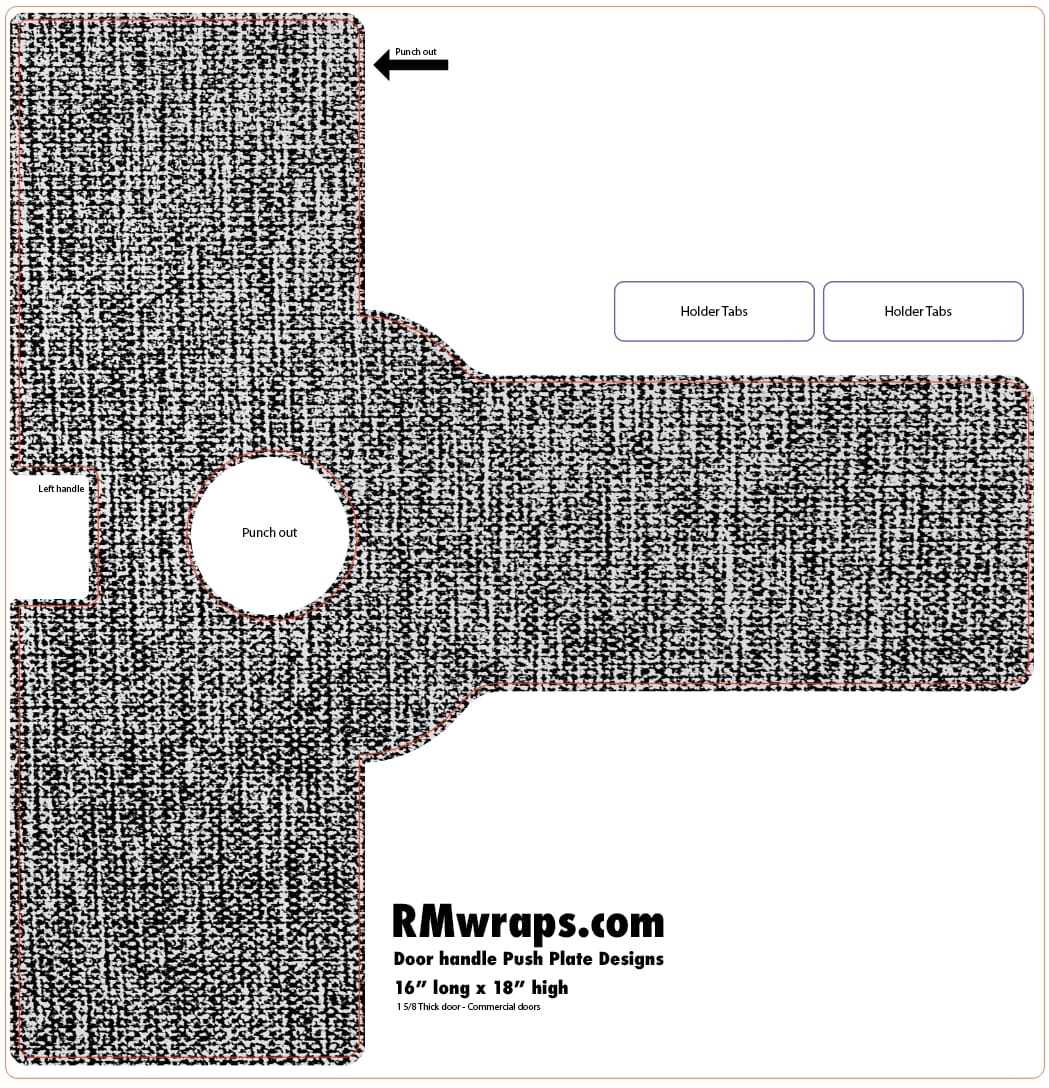 Design template for a door handle push plate with 'RMwraps.com' branding.