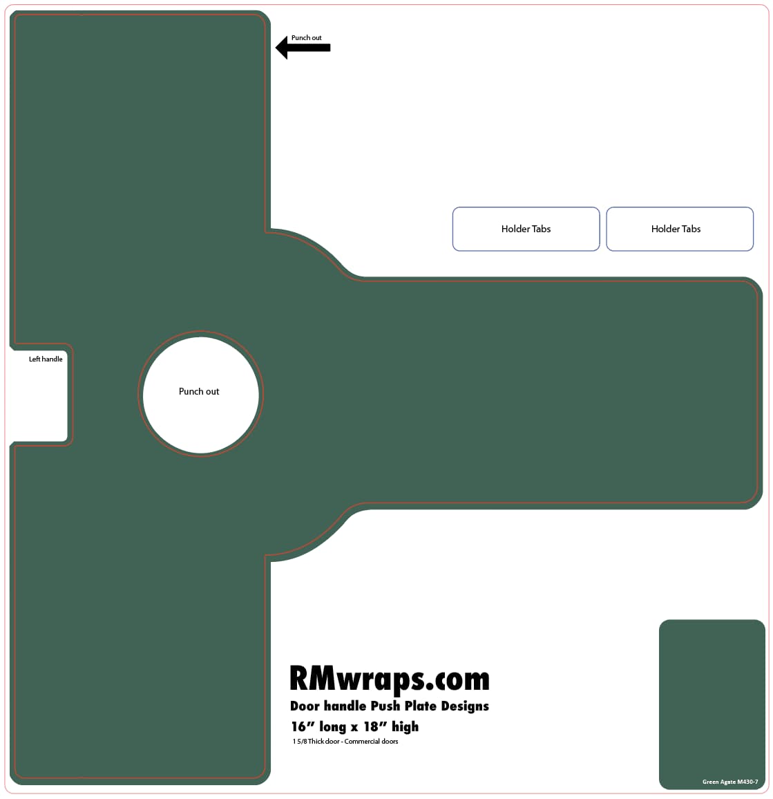 Design template for a door handle push plate with labeled parts on a white background, sourced from RMwraps.com.