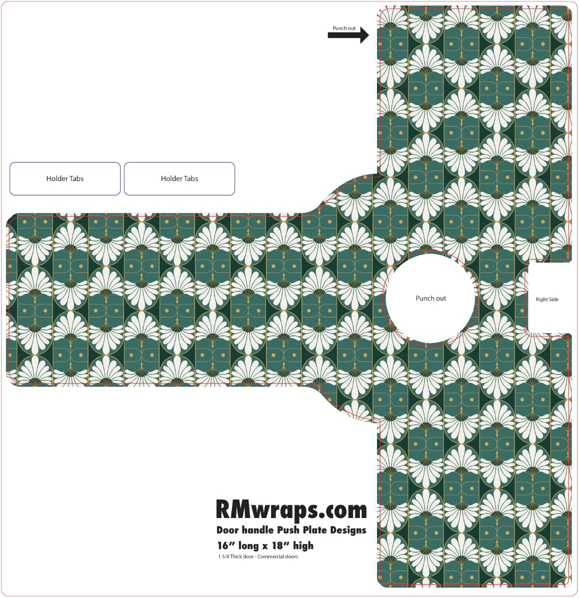 Patterned door handle push plate design with 'RMwraps.com' branding